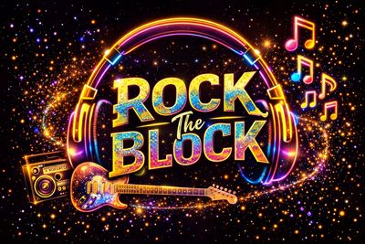 Vibrant graphic with headphones, guitar, and text 'Rock the Block'.