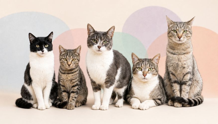 Five Fierce Fur Fam cats sitting together against a warm cream background with soft pastel circles.