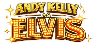Bright golden marquee sign reading 'Andy Kelly as Elvis' with sparkling lights.
