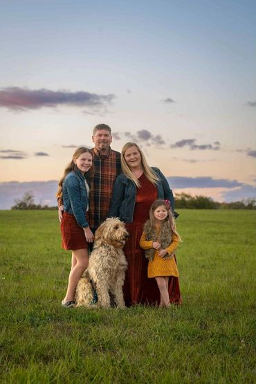 Family Photography, In a field with dog, Kaleva Mi LeGalley photography sunset 