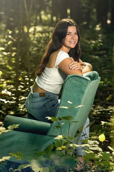 Senior girl on chair, Manistee national forest, Brethren Mi Photography, LeGalley Photography 