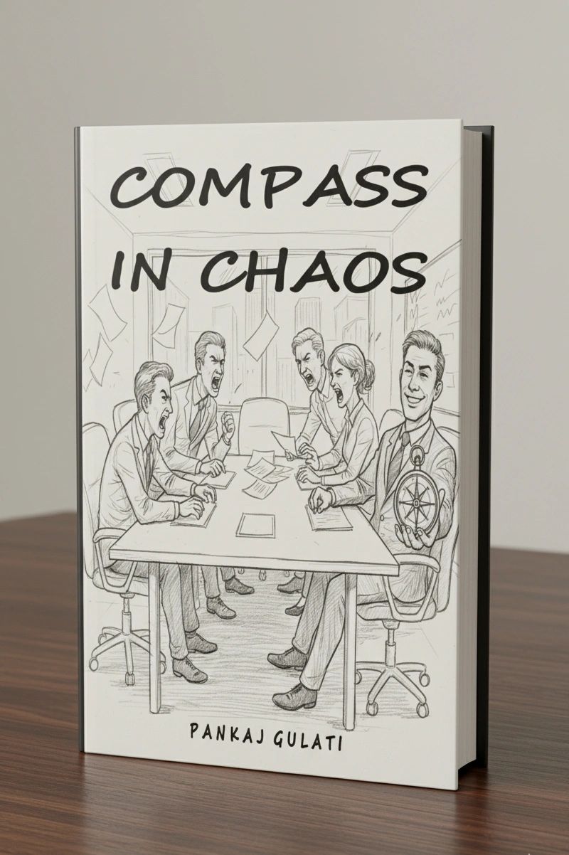 Book titled 'Compass in Chaos' showing a calm man with a compass amid arguing colleagues.