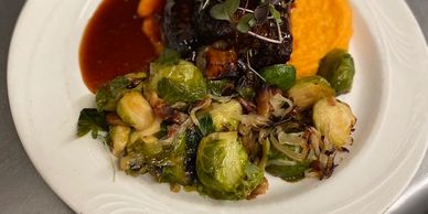 Braised Short Rib, Sweet Potato Puree, Candied Brussel Sprouts w/ Bacon