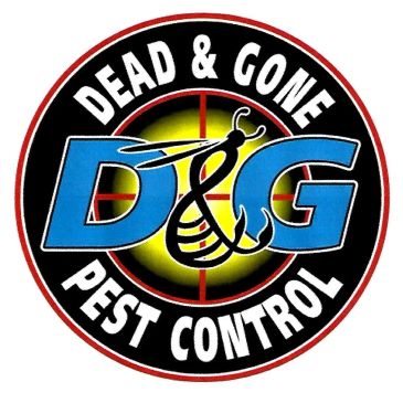 Logo for Dead &amp; Gone Pest Control with insect graphic.