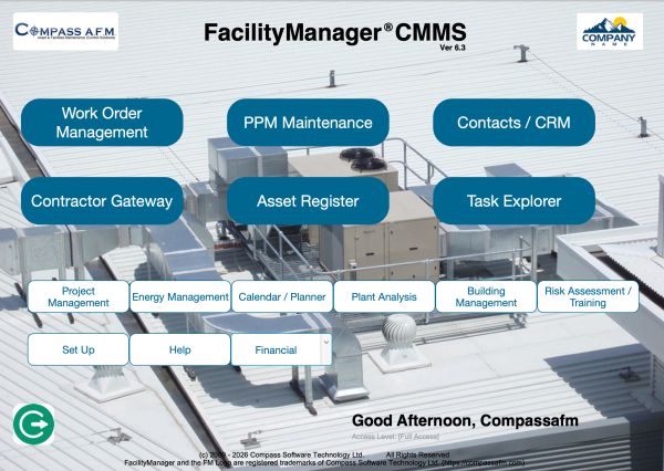 FacilityManager CMMS interface with maintenance and management options.