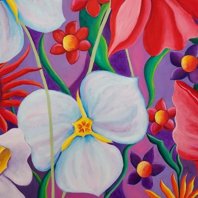 Colorful painting of various flowers on a purple background.
