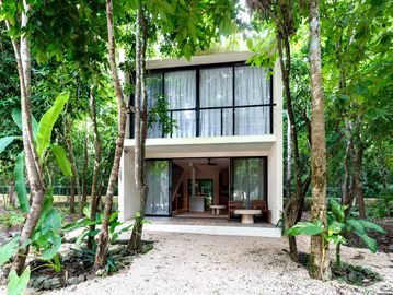 Modern two-story house surrounded by lush green trees in a natural setting.