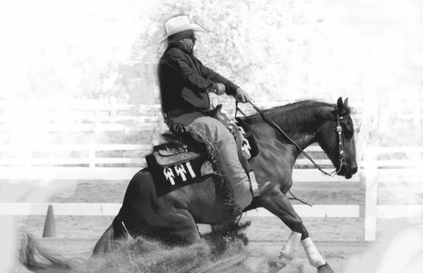 Vaughn Knudsen performing a  sliding stop on a horse in and NRHA reining competition.
