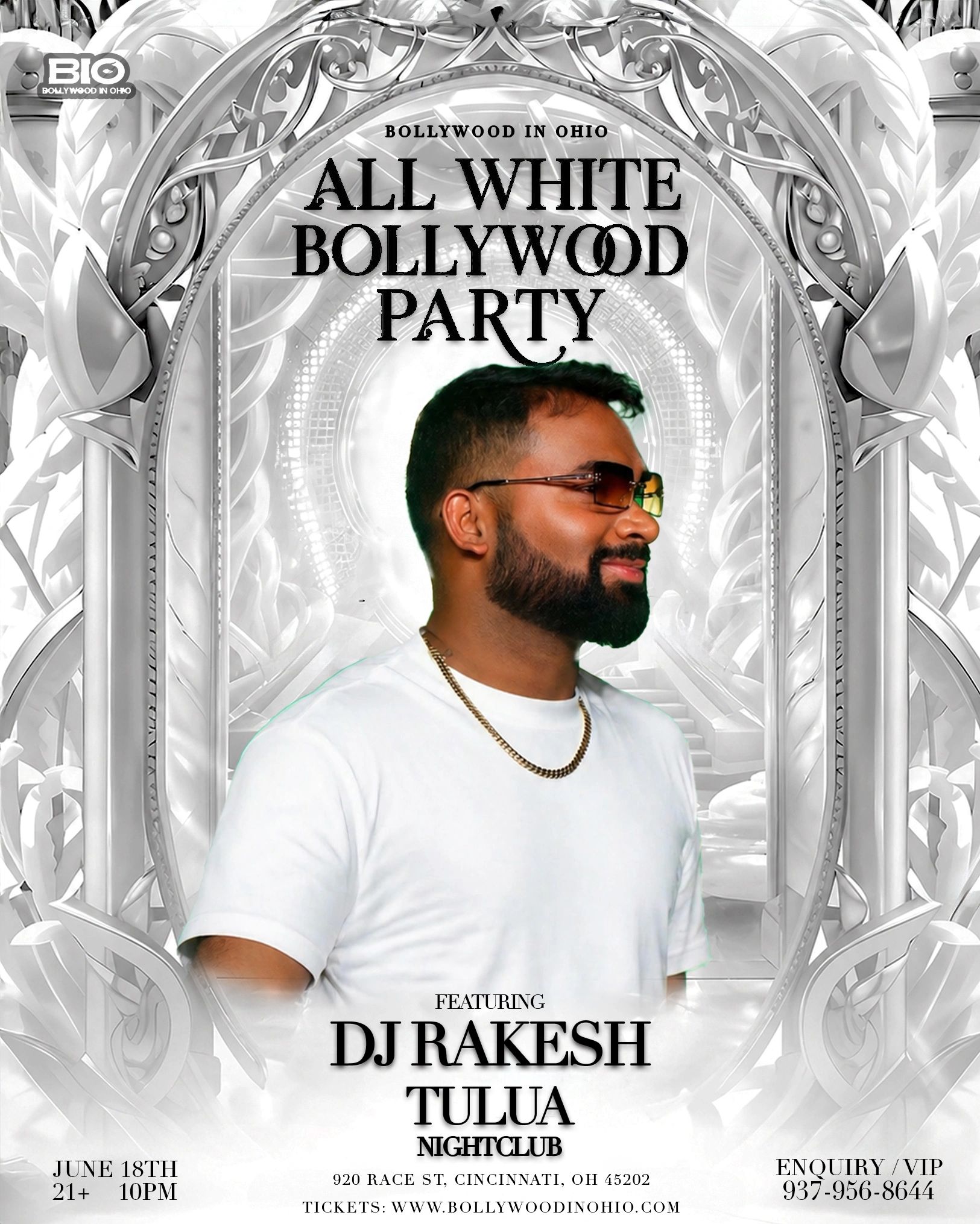 Promotional poster for an All White Bollywood Party featuring DJ Rakesh at Tulua Nightclub.