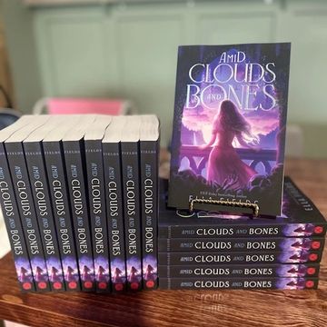 Stacks of the book "Amid Clouds and Bones" displayed on a wooden table.