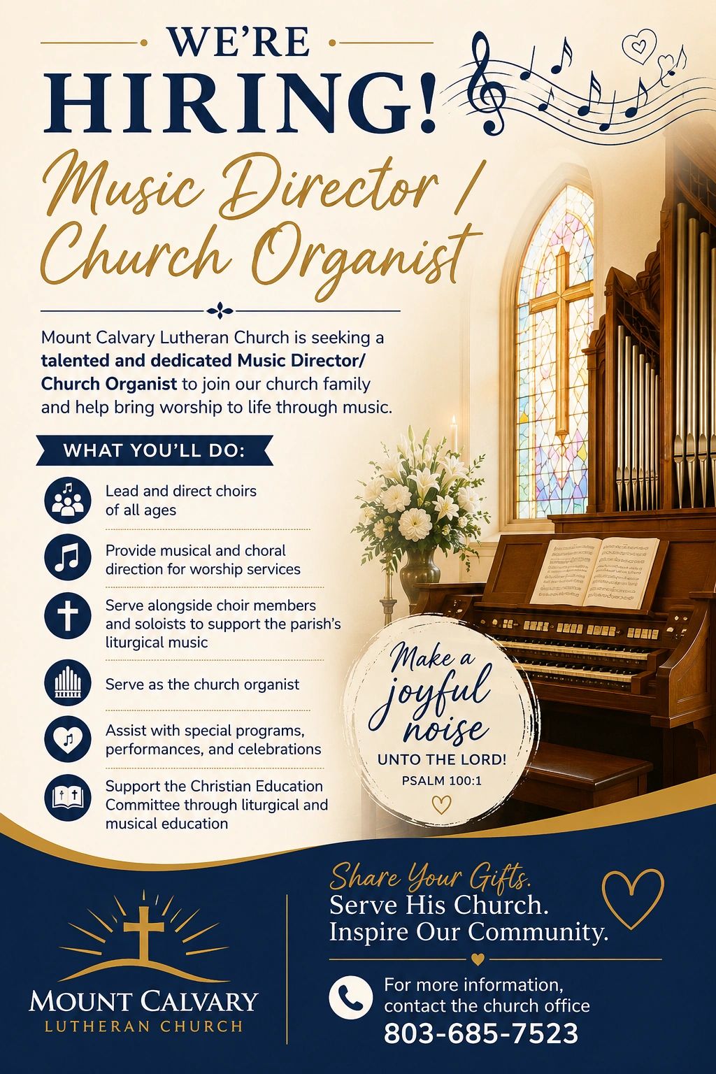 Mount Calvary Lutheran Church hiring Music Director/Church Organist.
