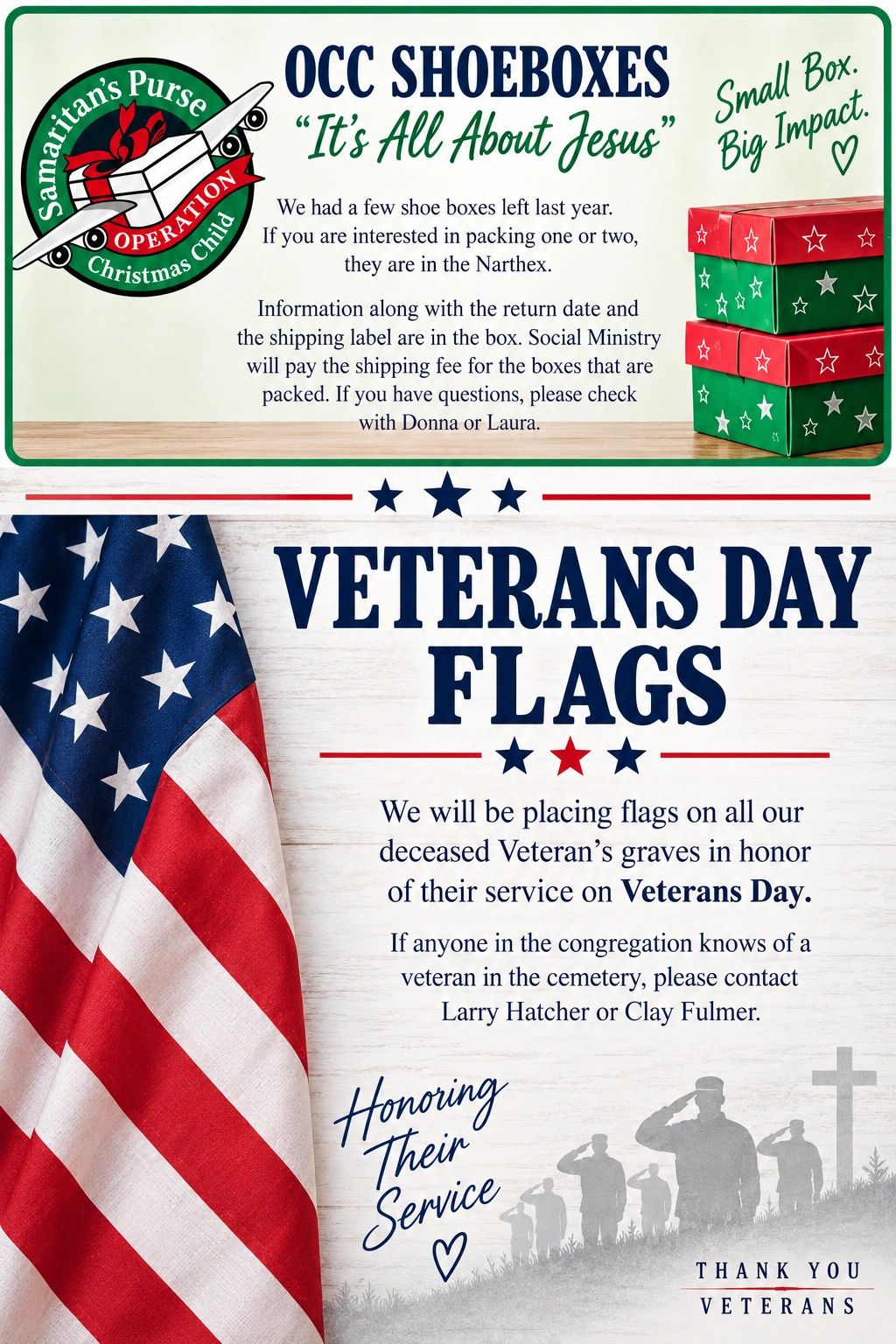 Poster about OCC Shoeboxes and Veterans Day Flags honoring veterans.