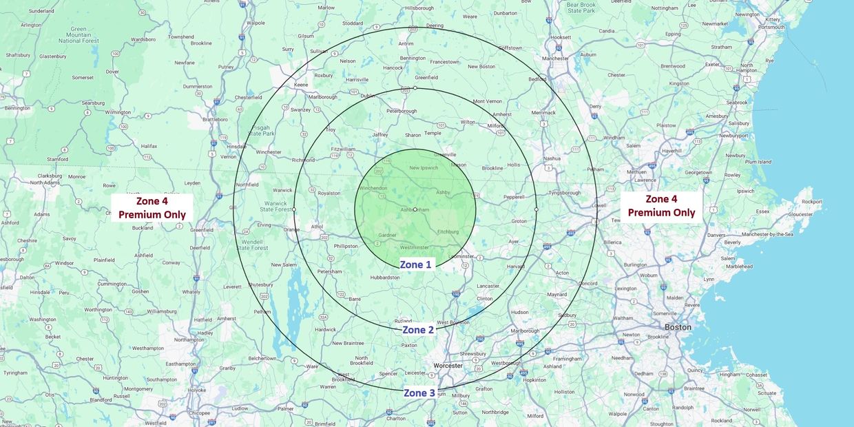 Service area map of Massachusetts and New Hampshire for photo booth rental service offerings.