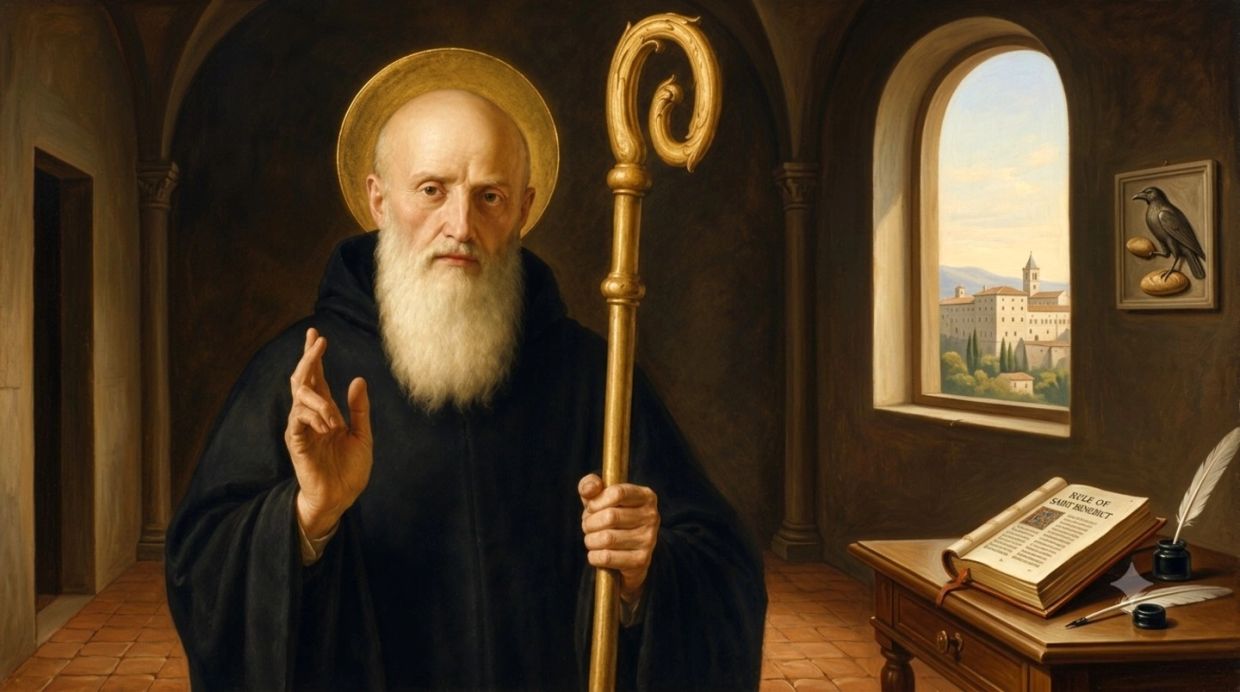 Religious monk holding a staff in a dimly lit room.