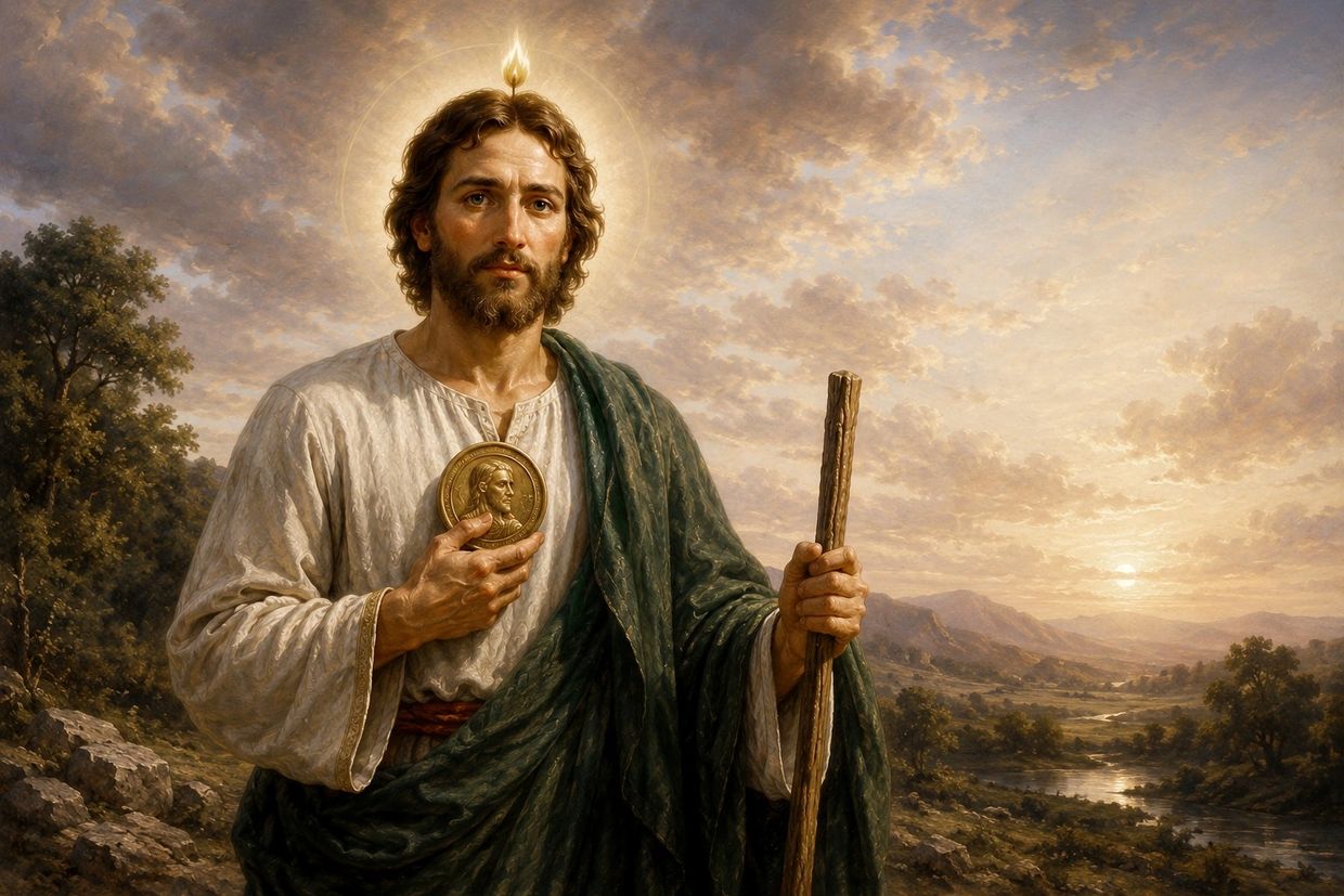 A serene figure holding a medallion and staff against a glowing sky at sunset.