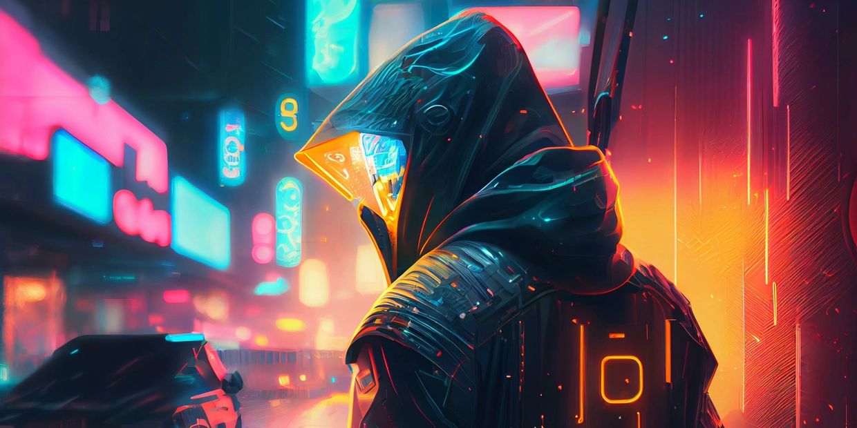 A futuristic man looking back with a cyber techno vibe