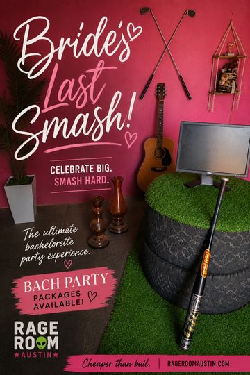 Advertisement for a bachelorette party venue with a baseball bat and guitar.