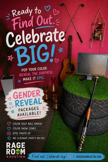 Gender reveal party with golf and photo fun at Rage Room Austin.