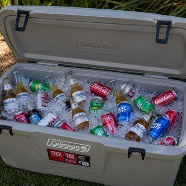 Ice chest full of beers and sodas, ice chest rental provided to chill beverages