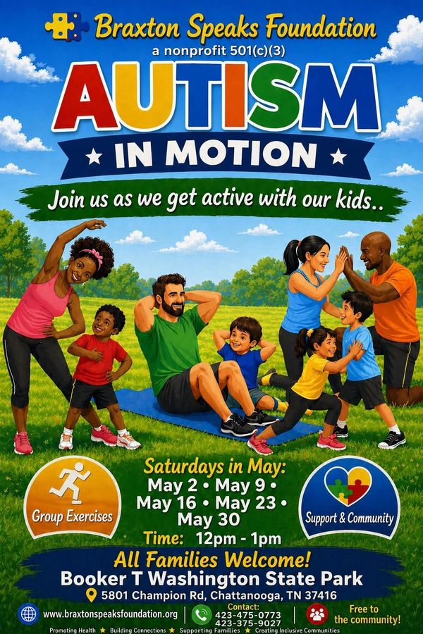 Colorful poster for Braxton Speaks Foundation's Autism in Motion event promoting active family exercises.