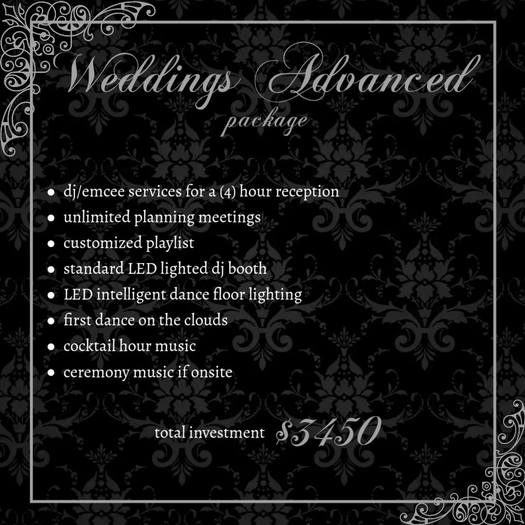 Wedding advanced DJ package for $3450 with various music and lighting services.