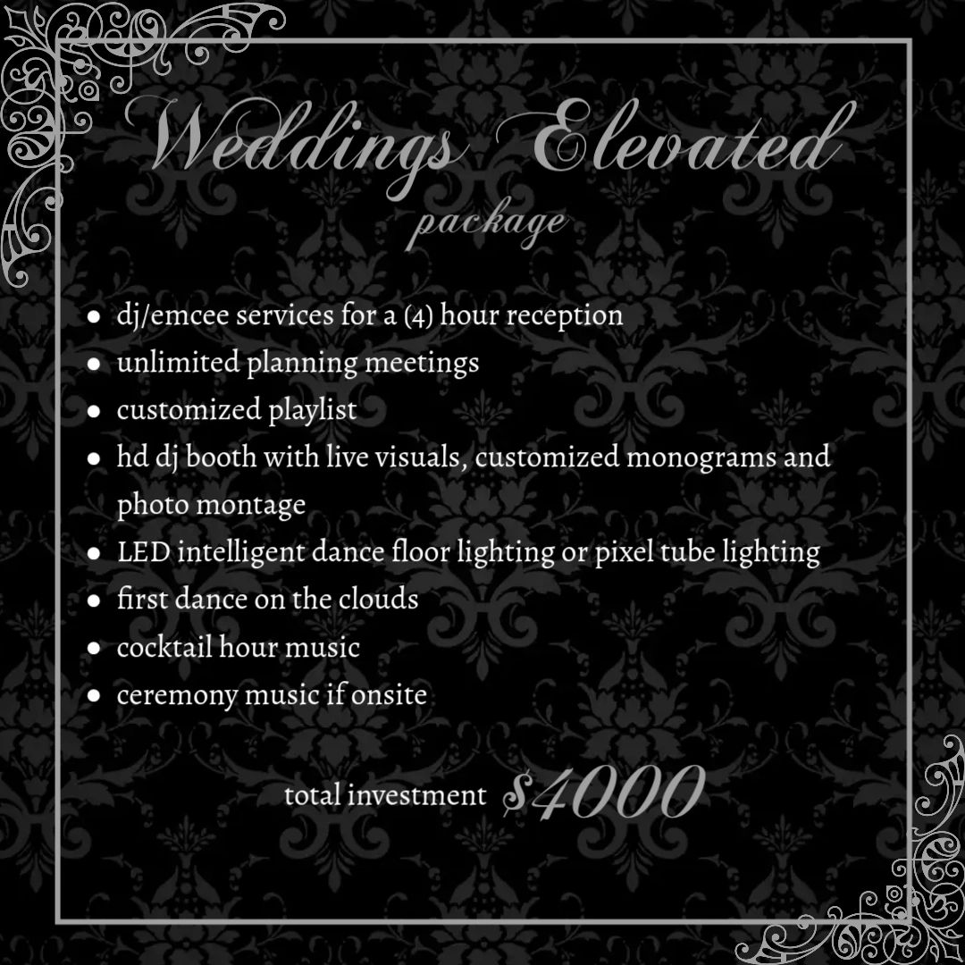 Wedding service package priced at $4000 with DJ and lighting.
