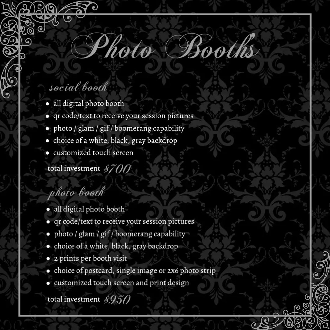 Photo booth pricing and features listed on elegant black background.