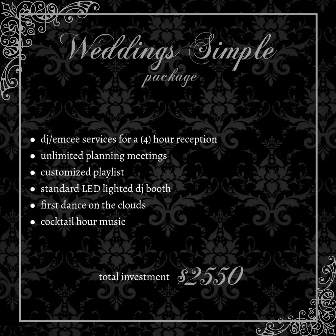 Wedding package offering DJ, playlist, and music services for $2550.
