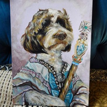 Painting of a dog dressed in royal attire holding a jeweled staff.