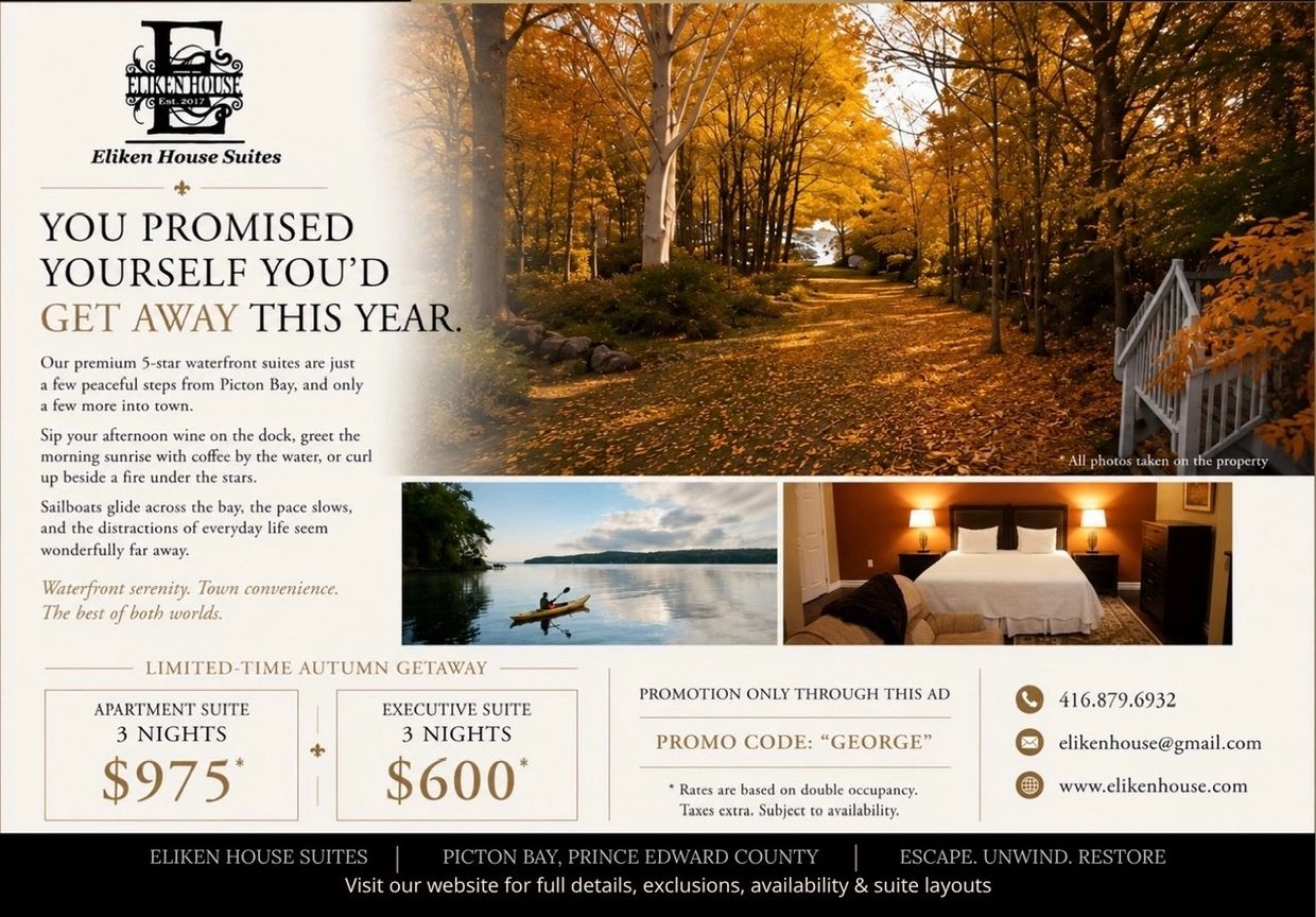Autumn getaway offer at Eliken House Suites with waterfront views and cozy accommodations.