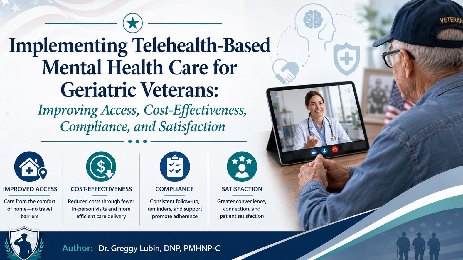 Veteran using telehealth for mental health care with a doctor on screen.