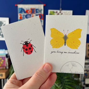 Ladybird and brimstone butterfly mini greeting cards