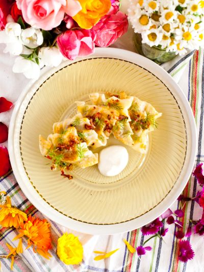 Polish pierogi, garden picked flowers, memories in food