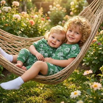 Two young children smiling together in a hammock surrounded by flowers.