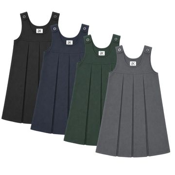 Four pleated jumper dresses in black, navy, green, and grey.