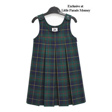 Girls' plaid pinafore dress with pleats and button straps.