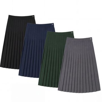 Four pleated skirts in black, navy, green, and gray.