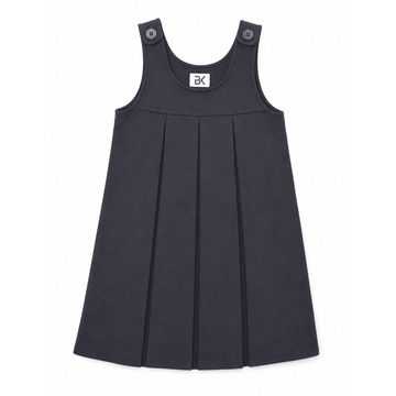 Black pleated pinafore dress with button straps.