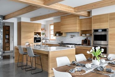 white oak modern slab west coast kitchen wood beams grain matched custom cabinets