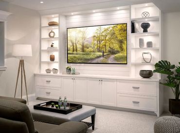 custom white open shelves media theater cabinets display lighting shiplap wall curved legs