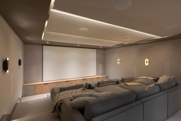 custom theater cabinets white oak Victoria bc media room tiered sectionals