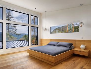 custom millwork oak headboard sidetables floating bedframe slab modern bed cabinets