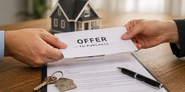 Hands exchanging a purchase offer envelope with a house model and keys on a contract.