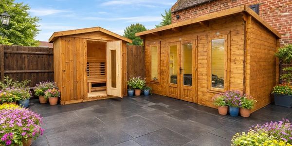 Two wooden garden sheds with potted flowers on a stone patio.