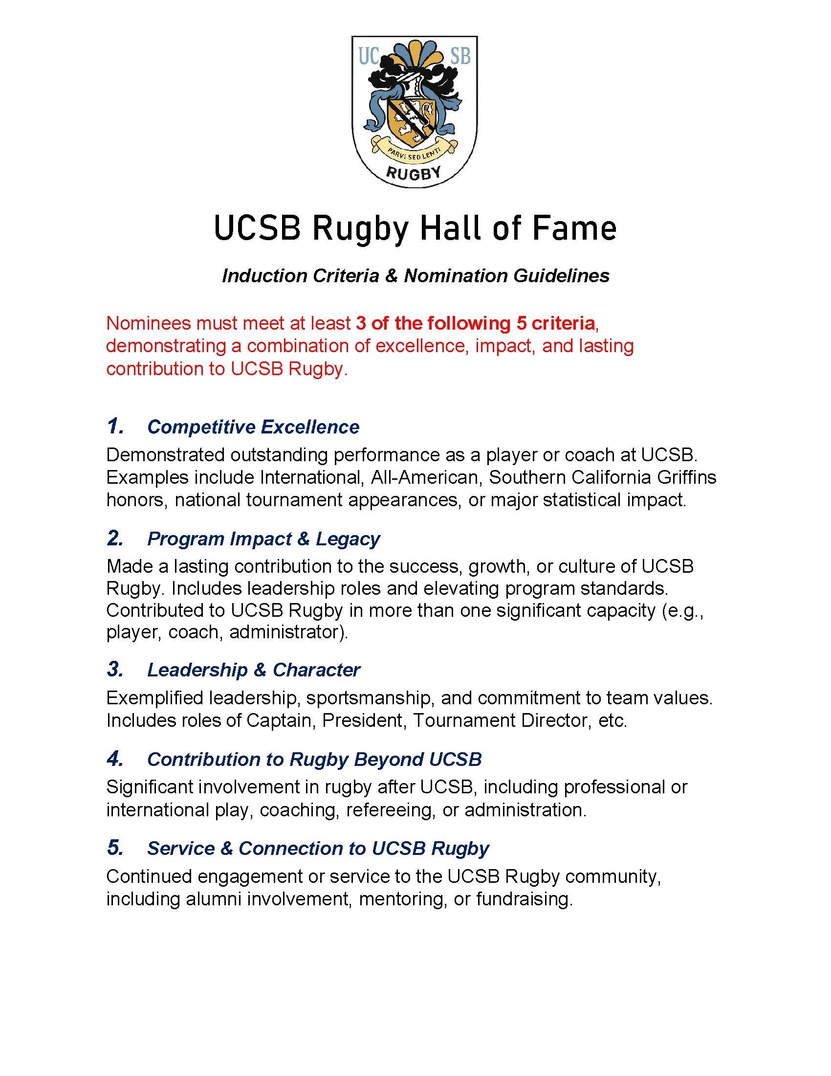 UCSB Rugby Hall of Fame induction criteria listing five key nomination guidelines.