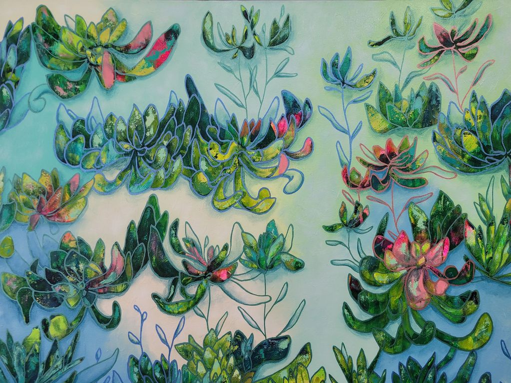 Succulent flowers, abstract blue flowers, abstract light blue flowers, hint of pink.