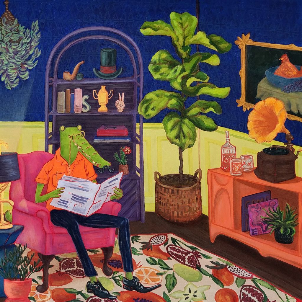 A colourful image of a humanoid of a crocodile sitting in a pink chair reading a newspaper. He is su