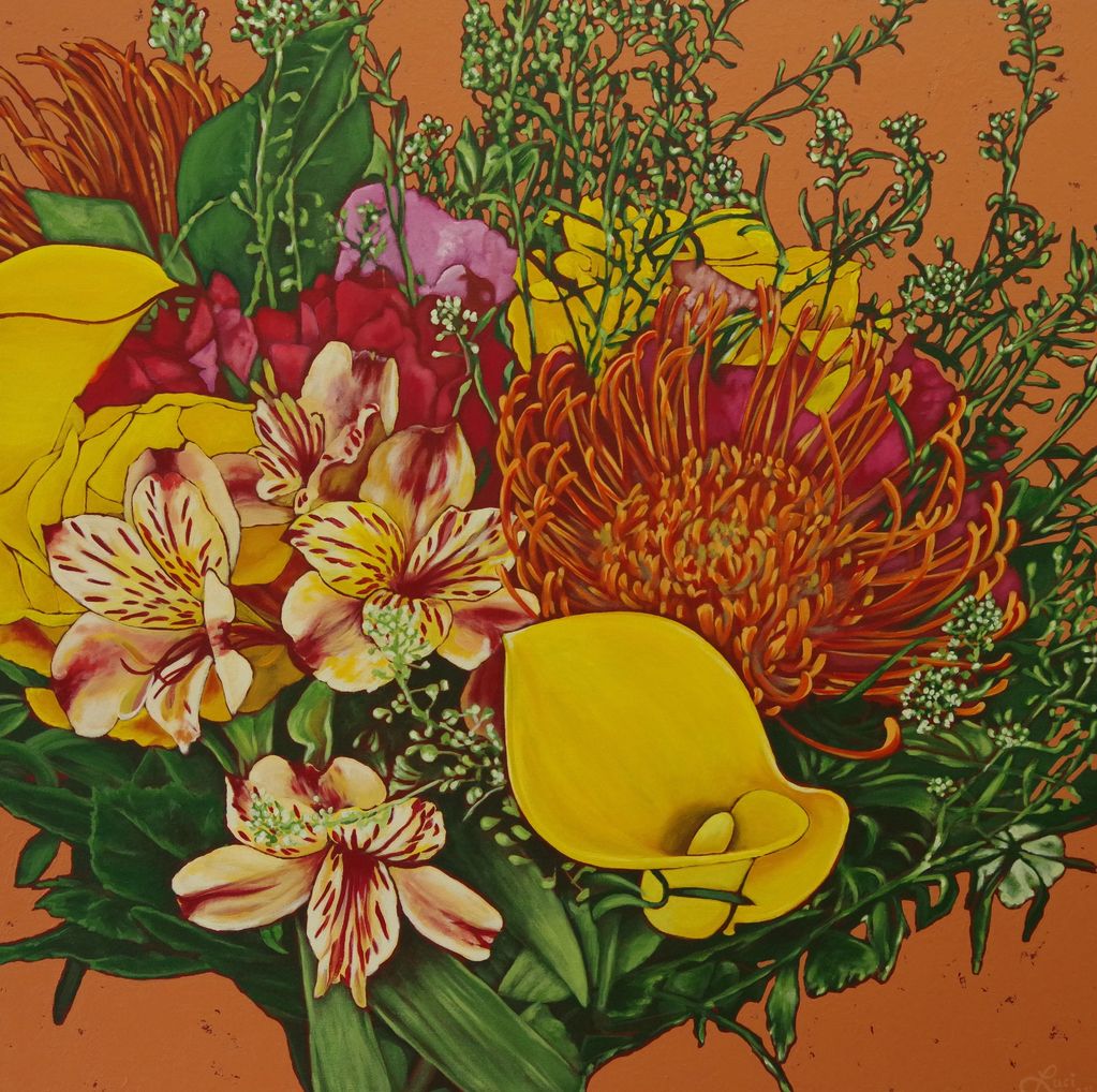 A bouquet of yellow, orange, and green flowers.