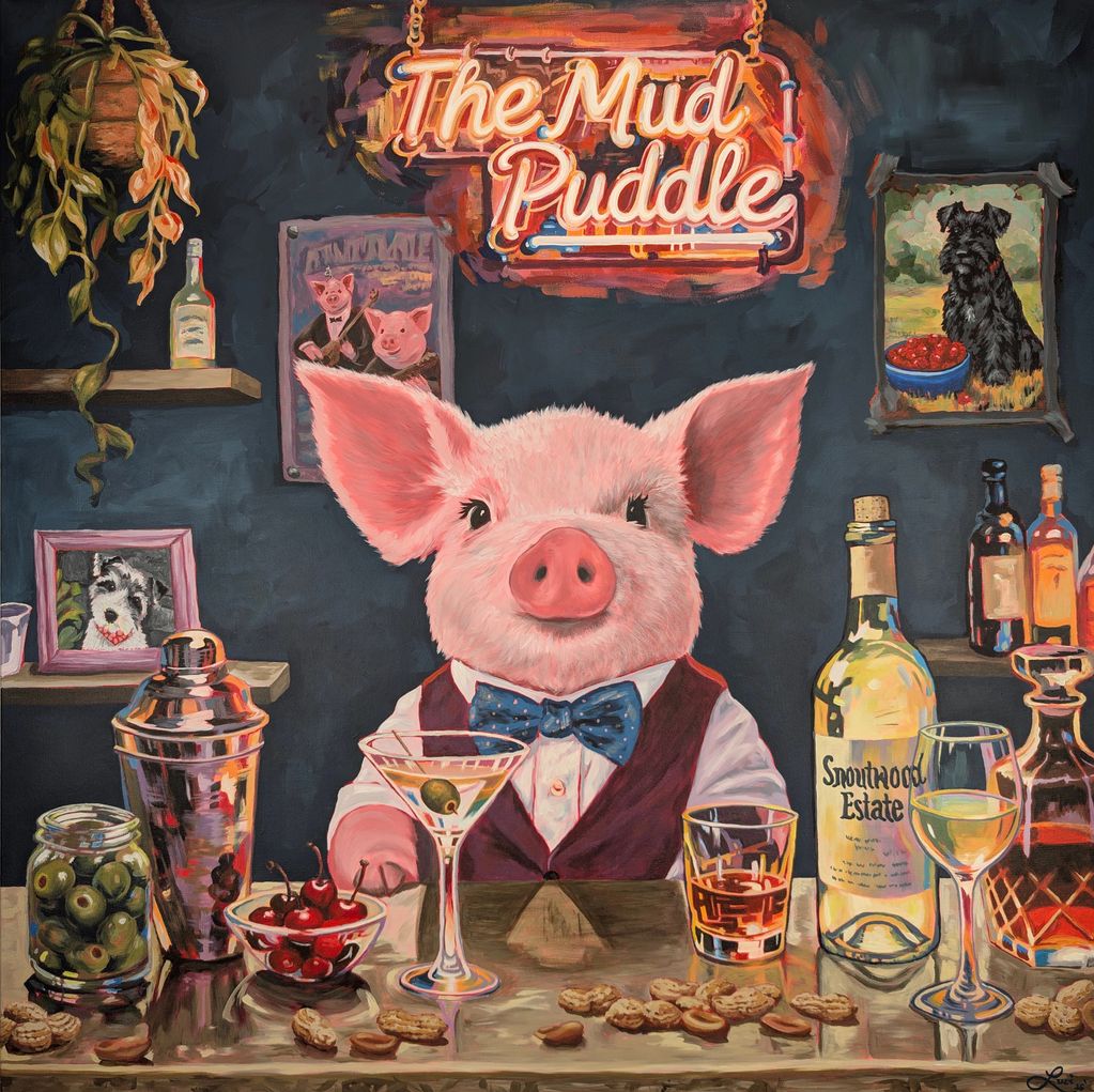 A bartending piglet wearing a vest with a bow tie serving a martini, whiskey and white wine.