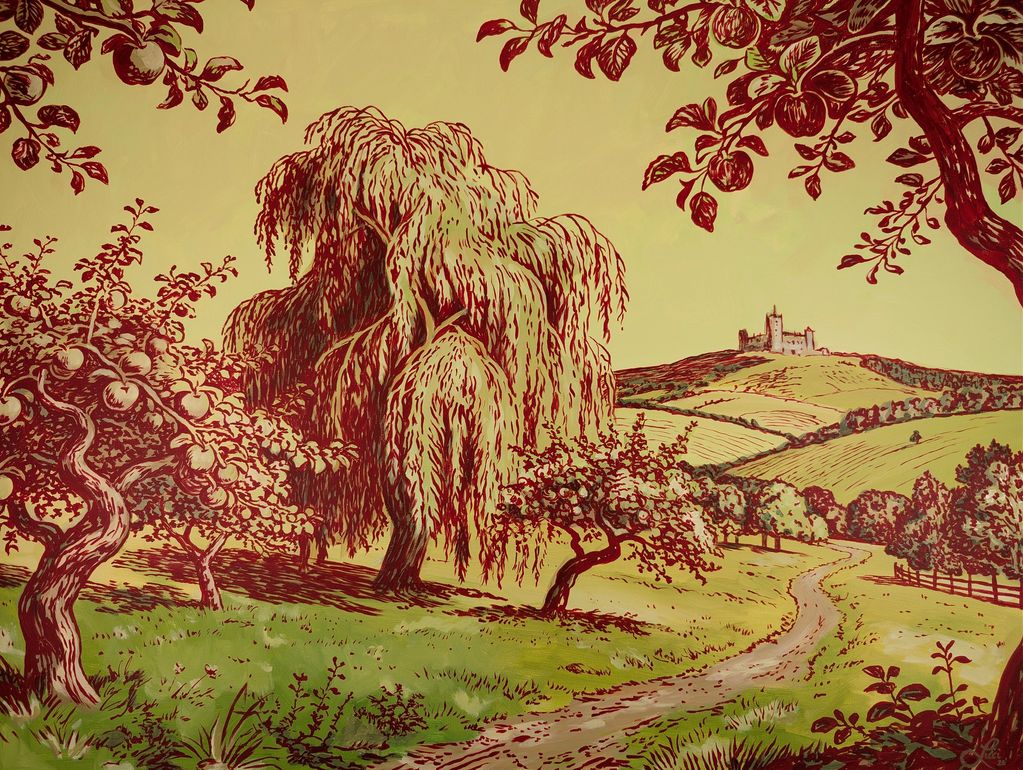 A Czech inspired country side scene complete with an apple orchard, willow tree and a distant castle
